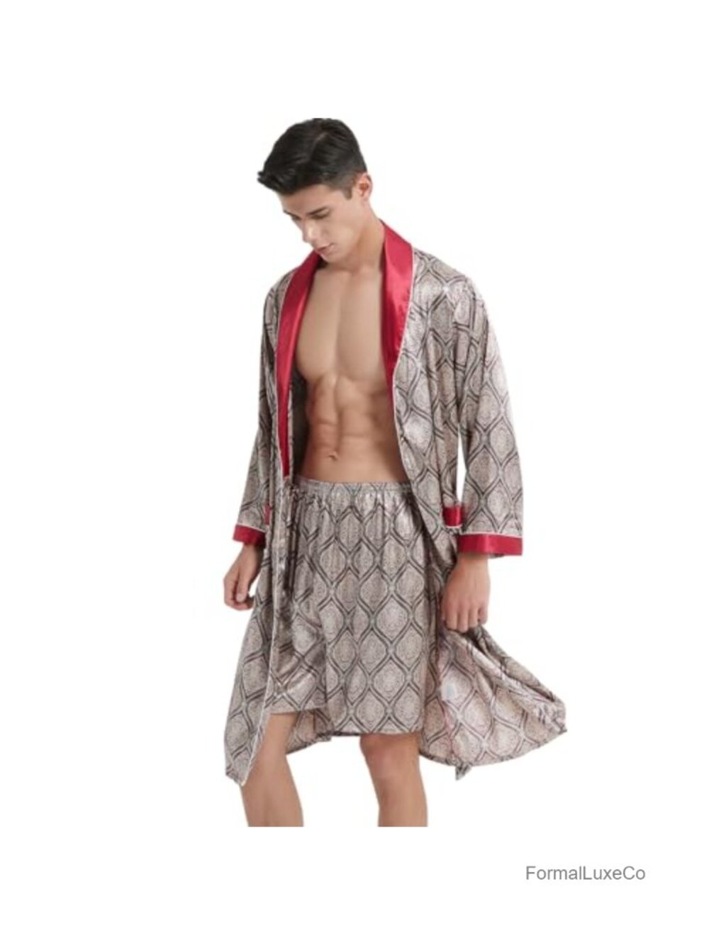 Men's Satin Kimono Robe & Shorts Set Silk-Like 2-Piece Lounge Sleepwear